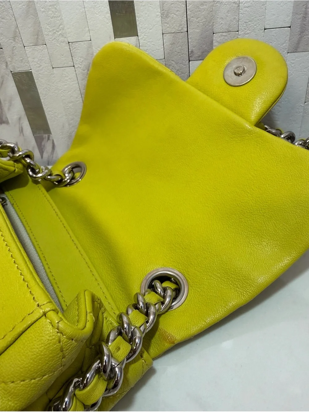 💛CHANEL Washed Acid Yellow Lambskin Quilted Mini Chain Around Flap Bag
